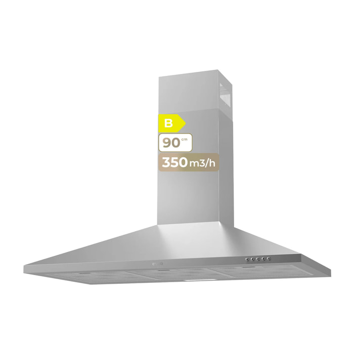 EVVO Campana Extractora CE25 Pyramid, Ancho 90 cm, Inox, 350 m³/h, 3 Velocidades, Luz LED, Filtro Carbón Activo, Acabado Inox, Eficiencia Energetica B