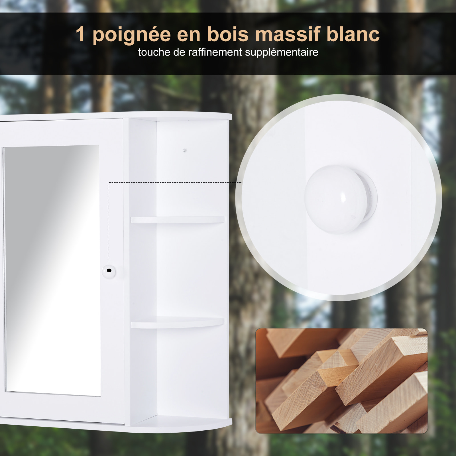 Armoire murale salle de bain armoire à glace placard de rangement toilettes 1 porte + étagères latérales MDF blanc