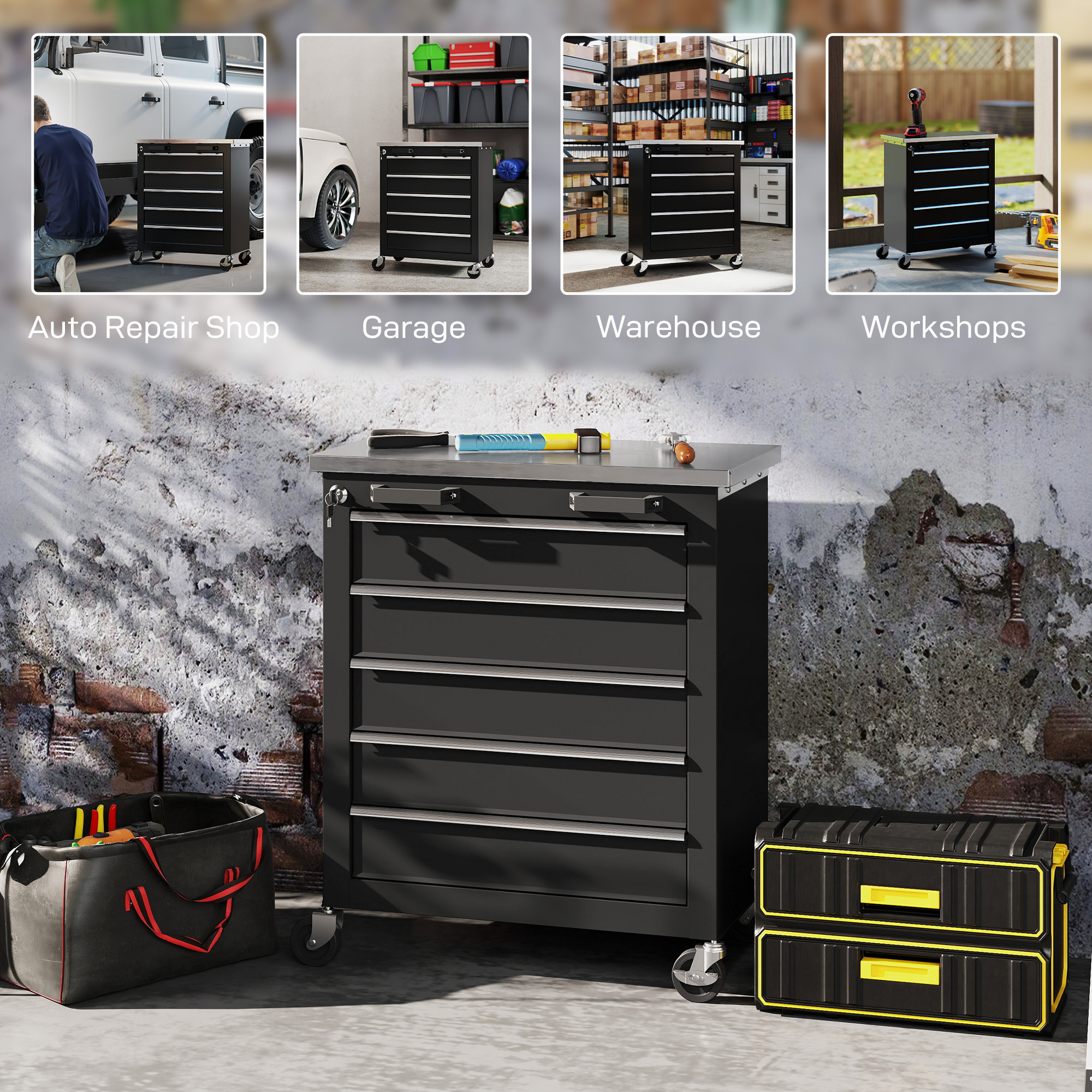 Carro de Herramientas con 5 Cajones y Cerradura, Carro de Taller con Ruedas con Freno y Encimera de Acero Inoxidable, Caja de Herramientas con Conectores Laterales, para Garaje, Negro y Plata