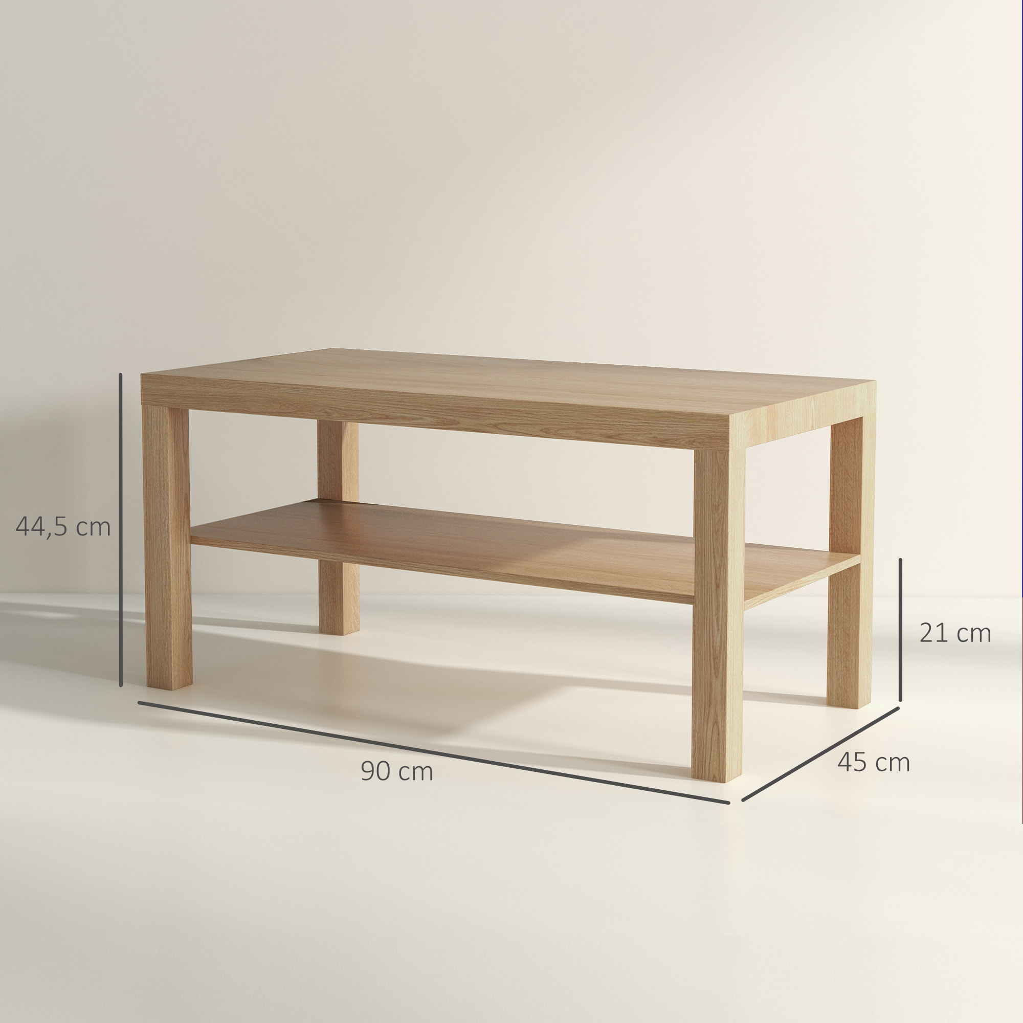 Mesa de Centro Mesa baja para Salón con 2 Estantes de Almacenamiento para Sala de Estar Dormitorio 90x45x44,5 cm Natural