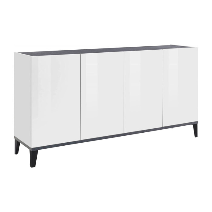 Credenza moderna a 4 ante, Made in Italy, Madia da cucina rialzata, Buffet di design da soggiorno, Cm 160x40h82, Bianco lucido e Ardesia