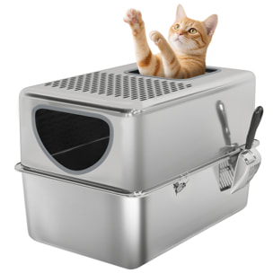 Arenero para Gatos de Acero Inoxidable XL Caja de Arena para Gatos Arenero con Pala Aberturas Dobles Fácil de Limpiar Plata