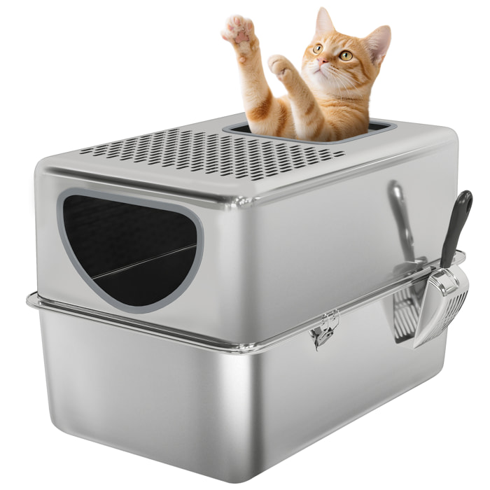 Arenero para Gatos de Acero Inoxidable XL Caja de Arena para Gatos Arenero con Pala Aberturas Dobles Fácil de Limpiar Plata
