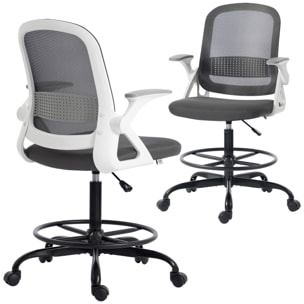 Silla de Escritorio de Malla, Silla de Dibujo con Reposabrazos Abatibles, Altura Ajustable, Soporte Lumbar, Reposapiés, Ruedas Giratorias para Oficina, Estudio, Gris