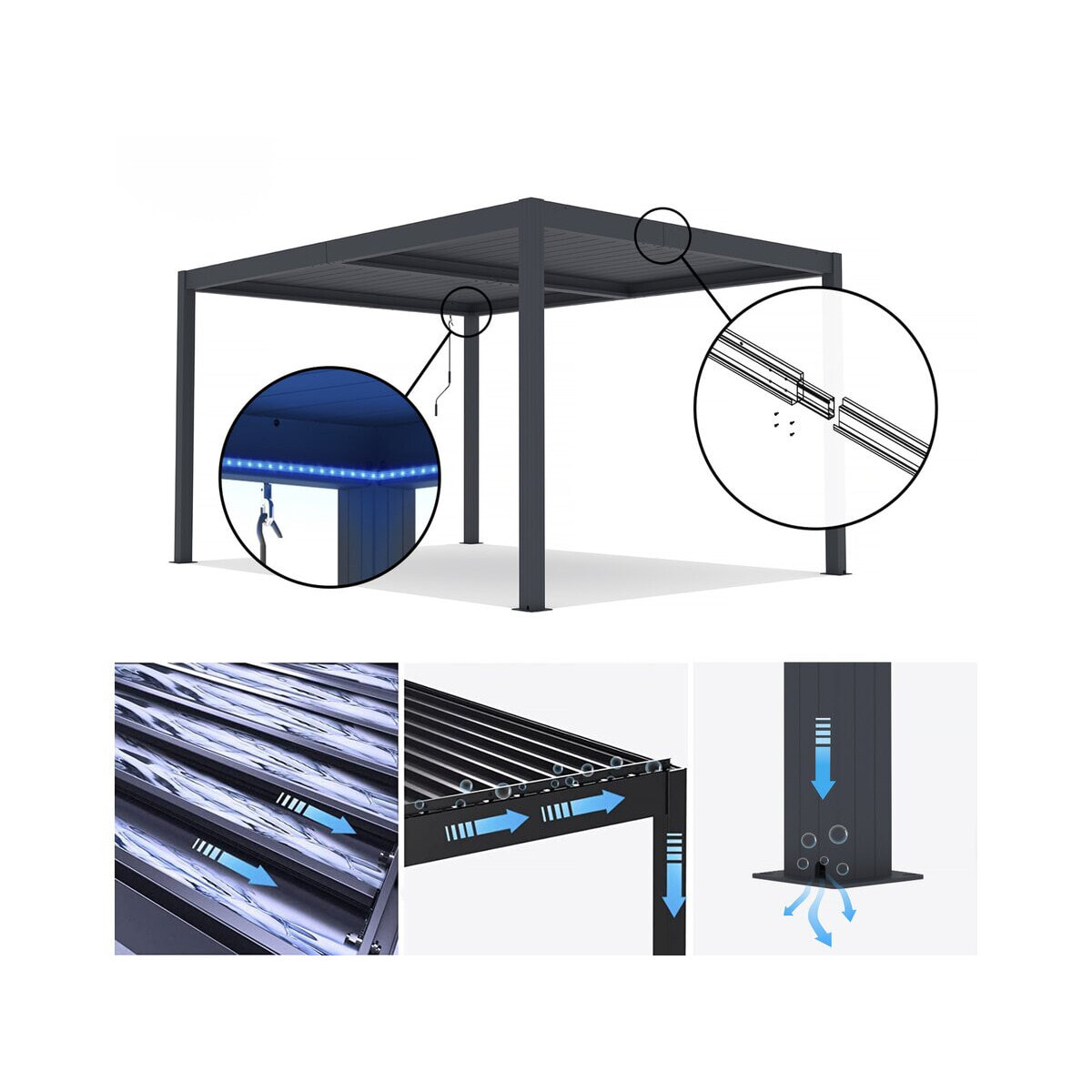 Pergola bioclimatique avec led "Windsor premium" en aluminium 3 x 4 - Gris