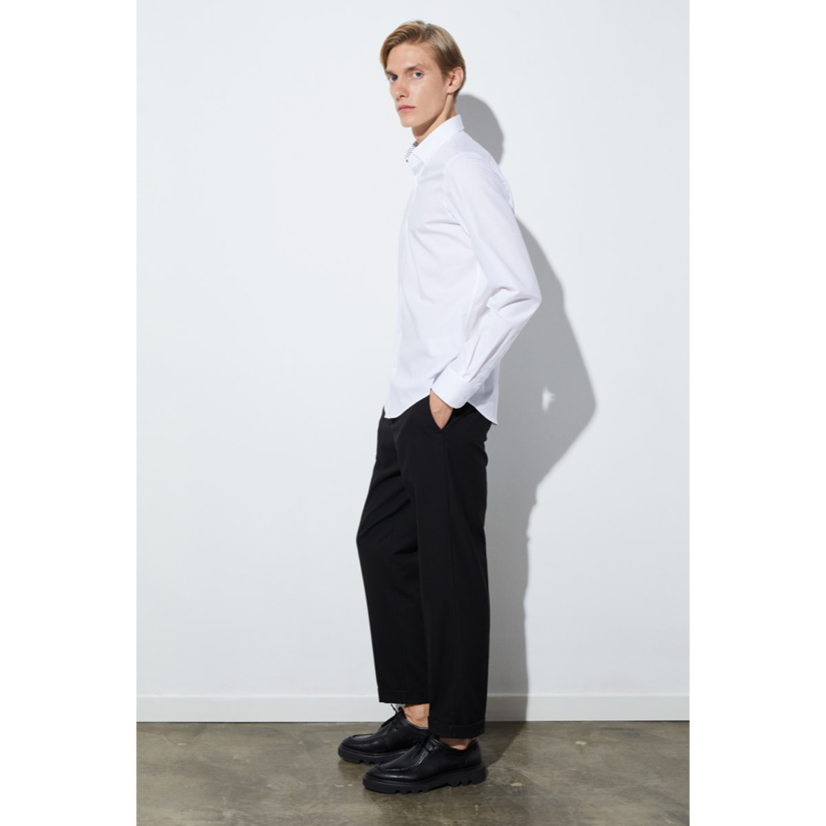 camicia uomo 1 bottone button down slim Popeline Stretch Unito Bianco