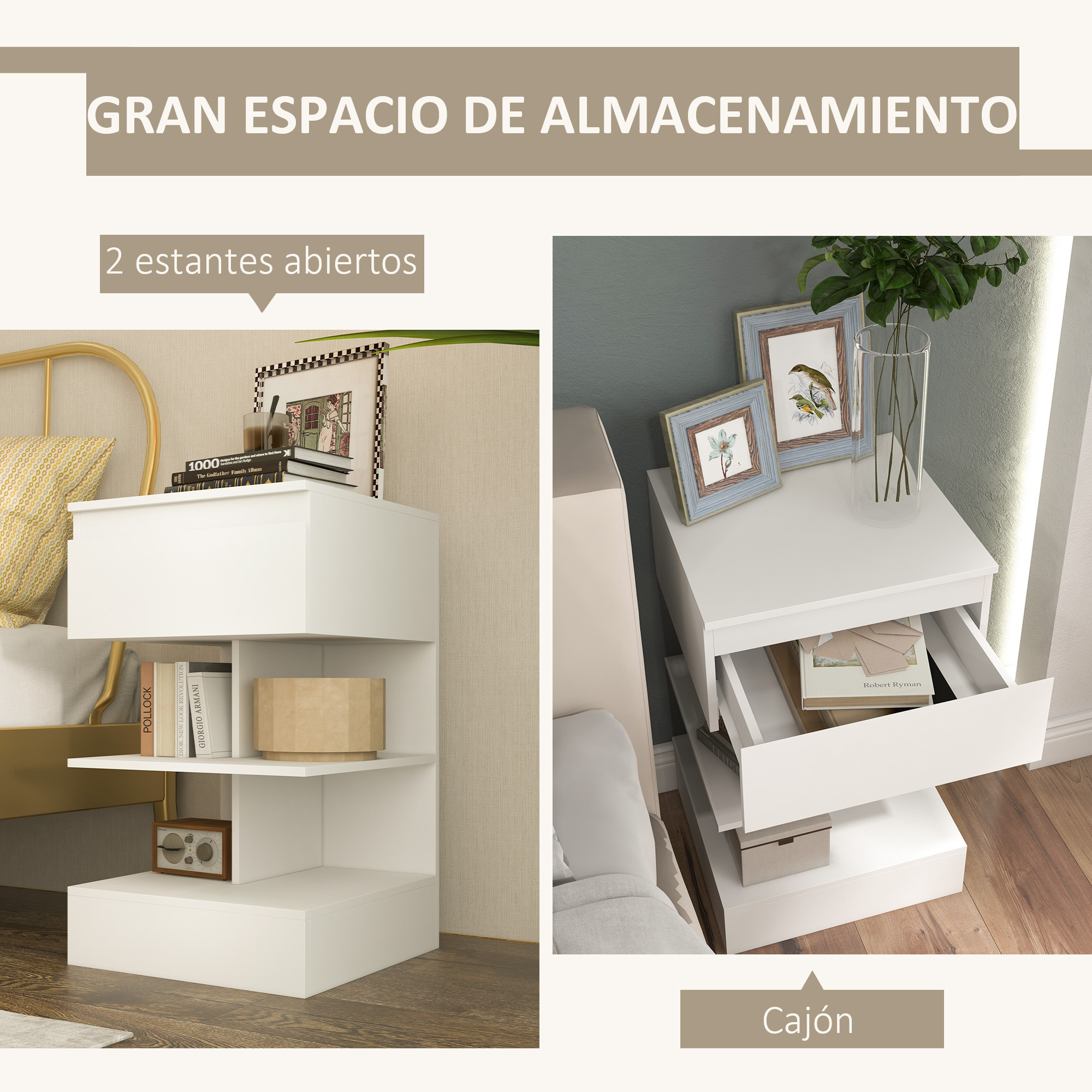 Mesita de Noche Mesa Auxiliar con Cajón y 2 Estantes Abiertas para Dormitorio Salón Cama Oficina Estilo Moderno 39x39x65 cm Blanco