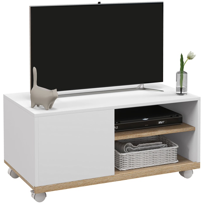 Mueble de TV con Ruedas, Mesa de TV Móvil, Mueble para Televisión hasta 32 Pulgadas, con 1 Puerta, 2 Compartimentos Abiertos, Estante Ajustable, para Salón, Comedor, Dormitorio, Blanco