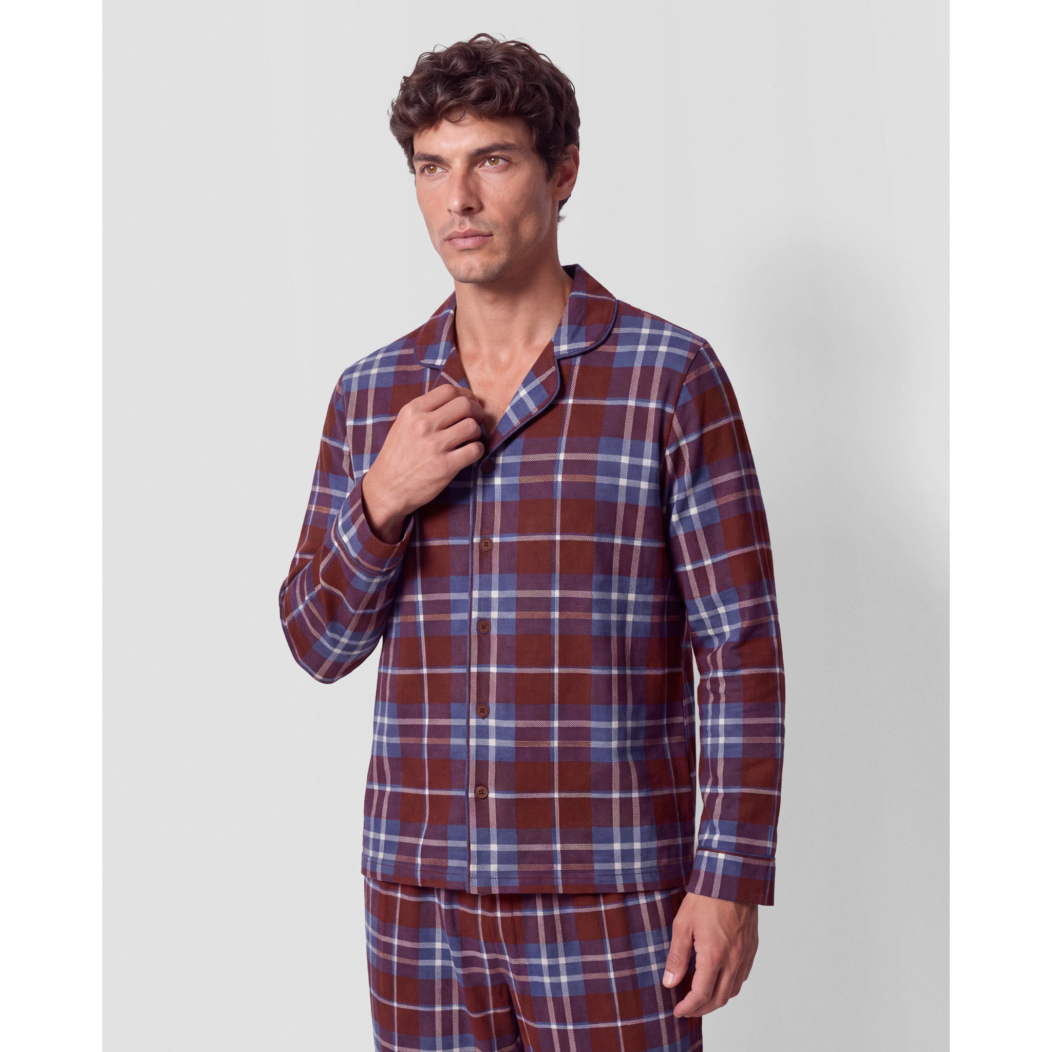 Pigiama lungo a camicia in cotone a quadri sauron bordeaux