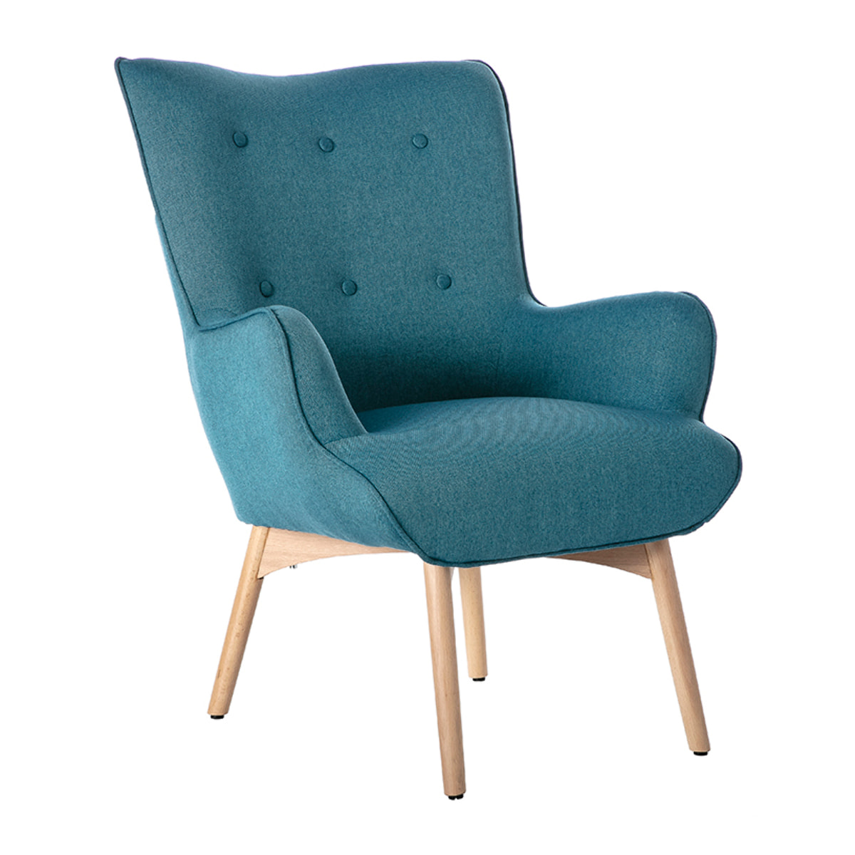 Fauteuil avec repose-pieds scandinave en tissu bleu canard et bois clair BRISTOL