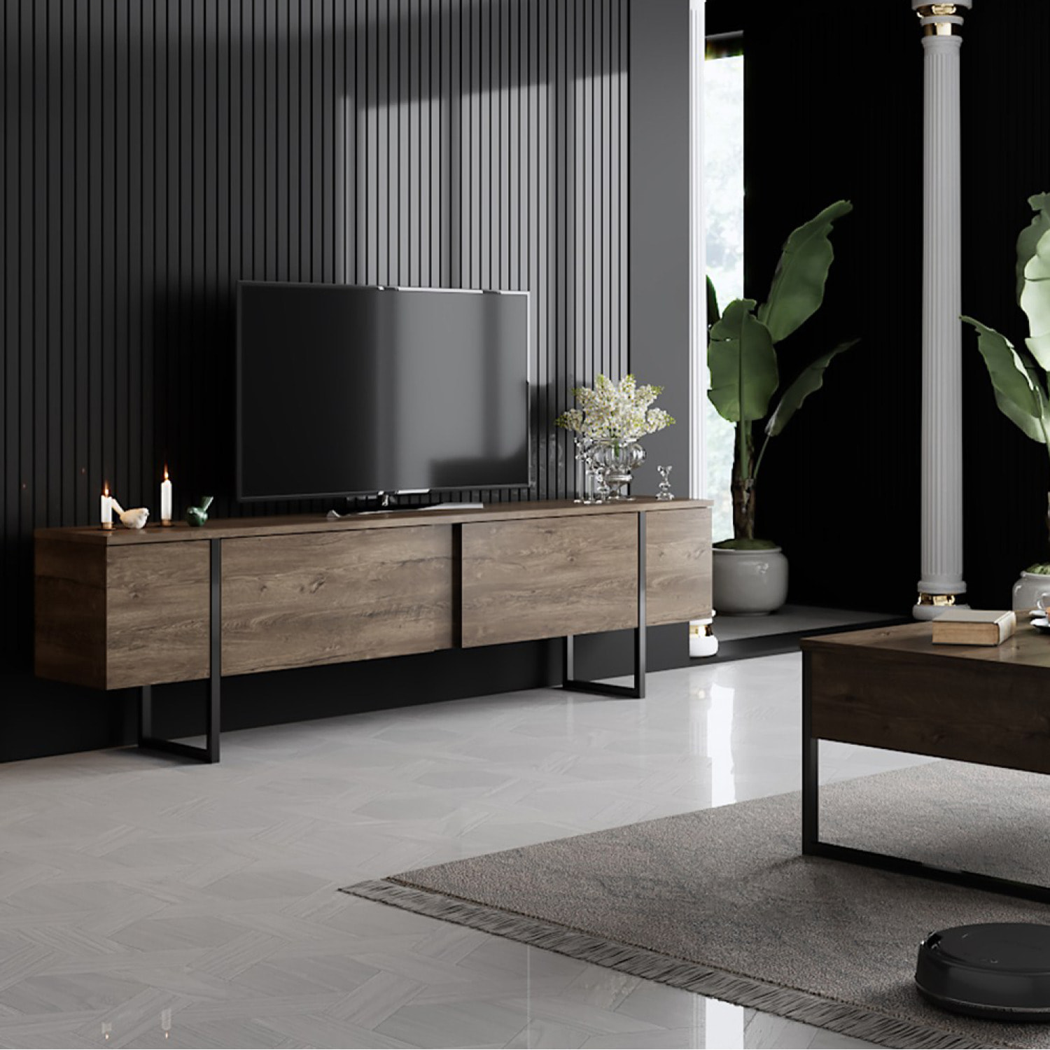 WILLIAMSBURG Meuble TV avec placards aspect bois de noyer et détails noirs 180cm