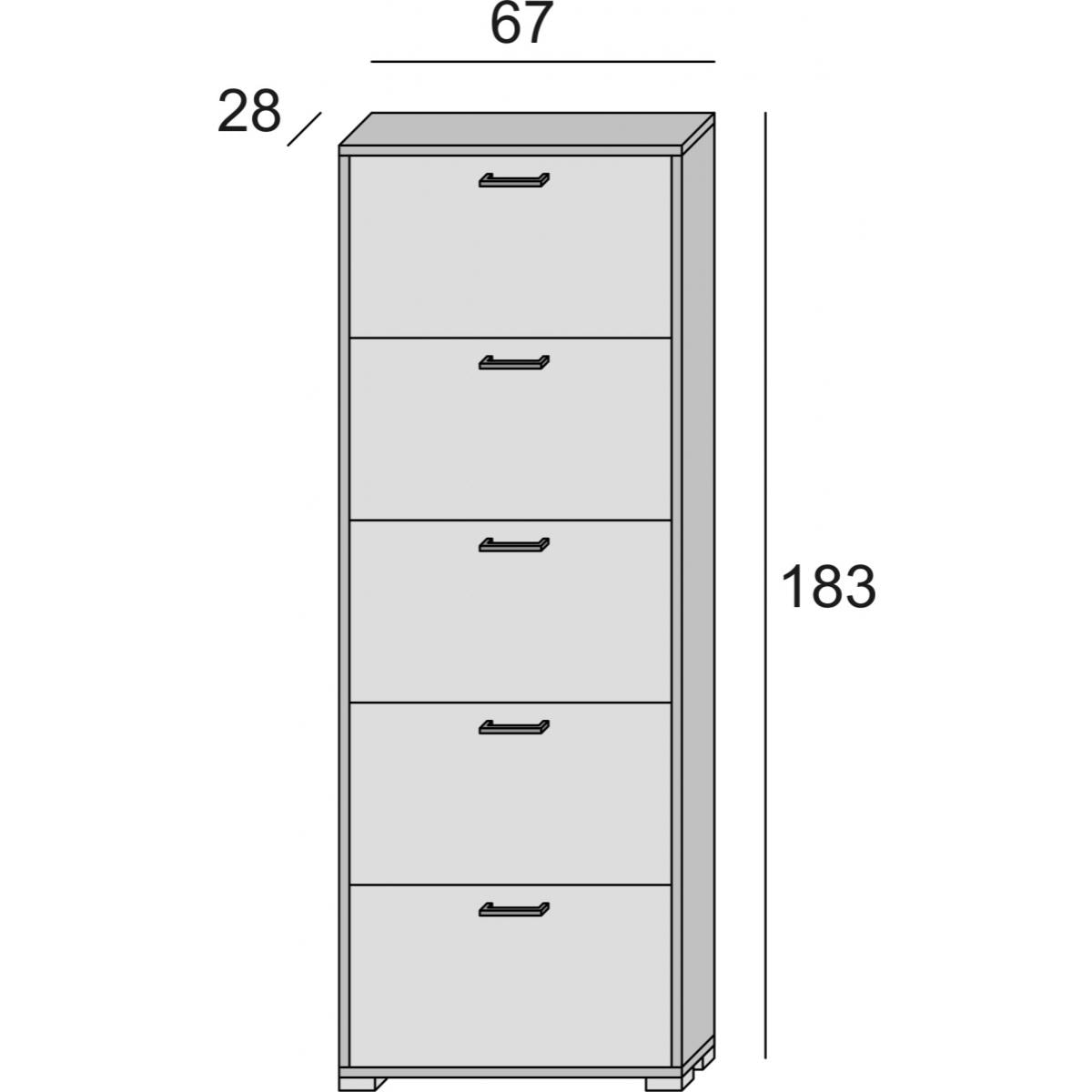 Scarpiera Surfinia, Mobile multiuso da ingresso con 5 ante a ribalta, Armadietto portascarpe a doppia profondità, 100% Made in Italy, Cm 67x28h183, Bianco e Rovere