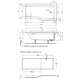 Baignoire bain douche 150 x 80 cm droite Connect Air + tablier