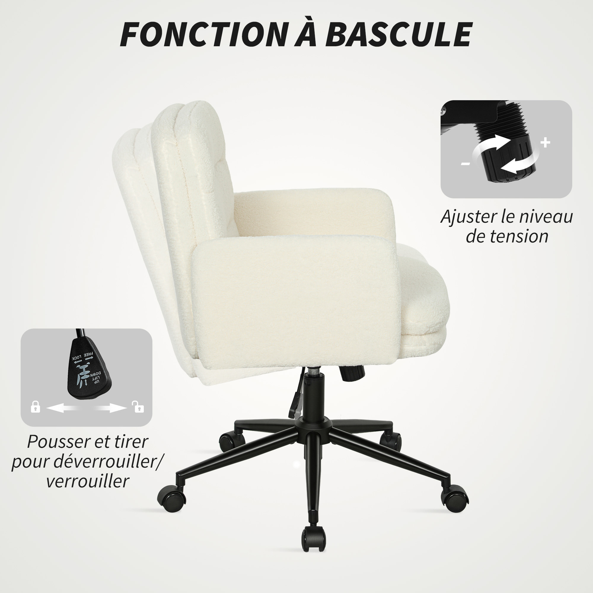 Chaise de bureau bouclette crème grand confort piètement acier noir