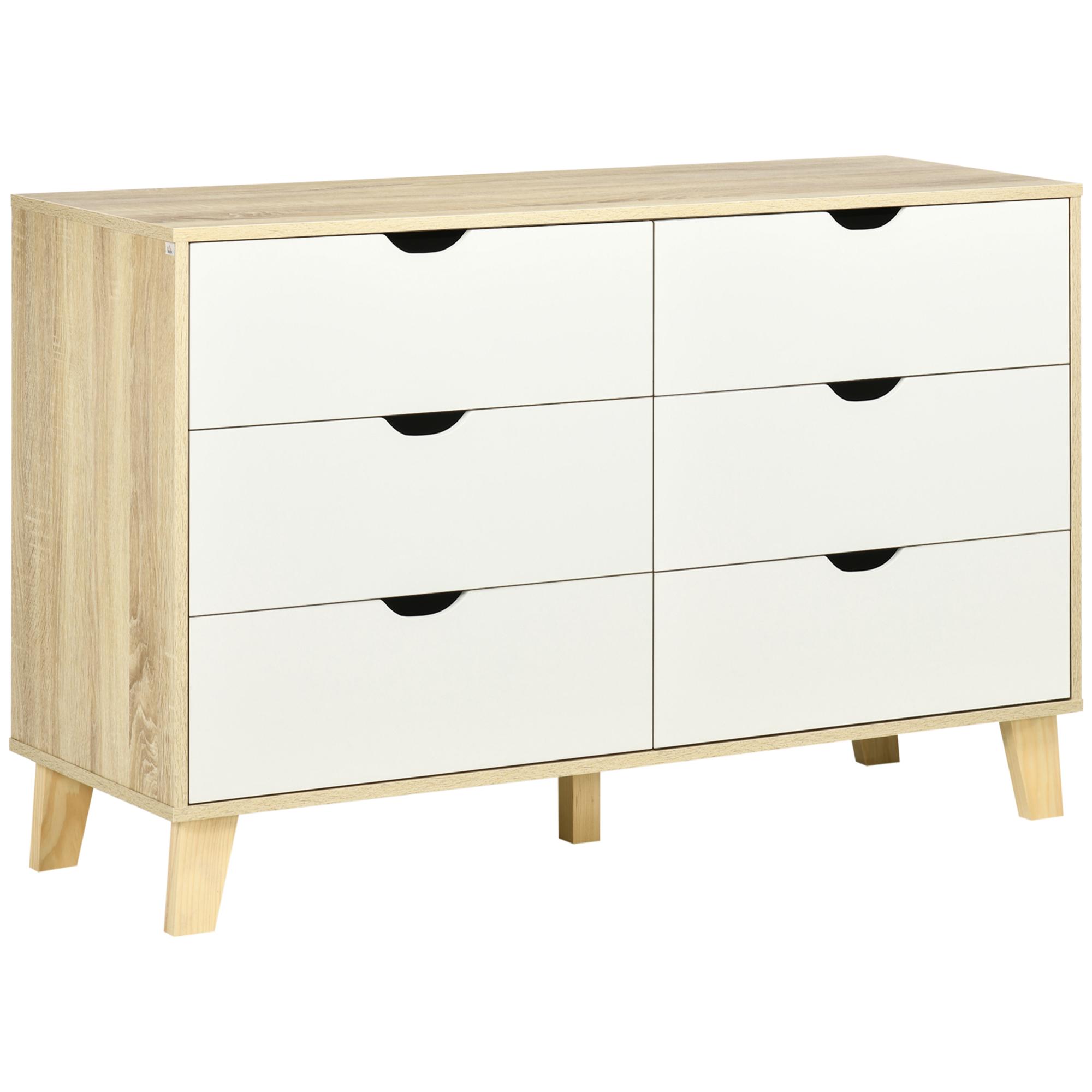 Cómoda con 6 Cajones Cajonera de Armario Mueble Organizador con Cajones para Cocina Dormitorio Salón Estudio Estilo Moderno Antivuelco 120x40x76 cm Natural y Blanco