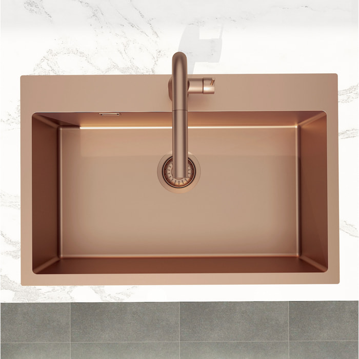 Swiss Aqua Technologies Aurum Évier de cuisine encastrable inox 304, 1 bac, 68x45x21 cm, Cuivre brossé PVD