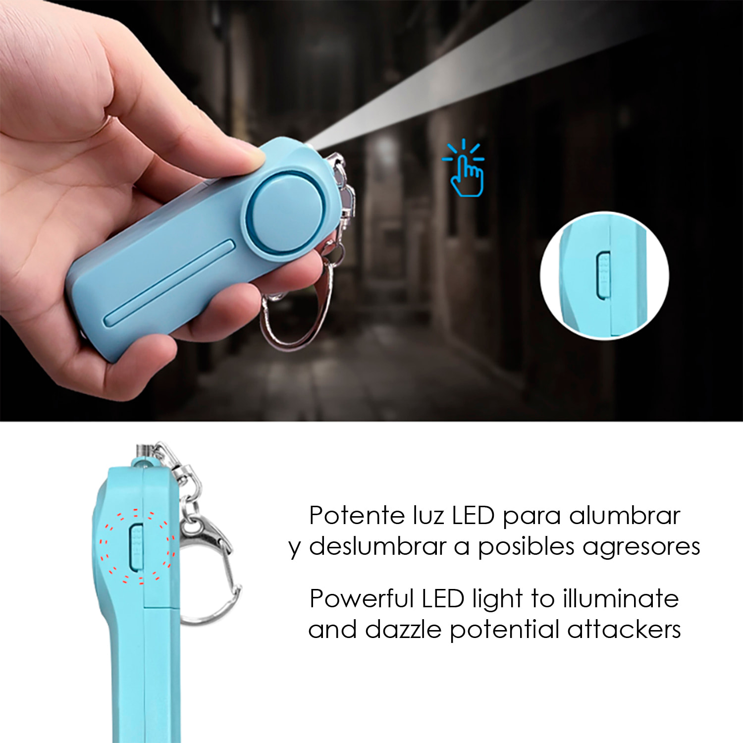 Allarme SOS personale con luce LED brillante e suono di 130dB. 2 batterie AAA incluse e attivazione rapida tirando l'anello.