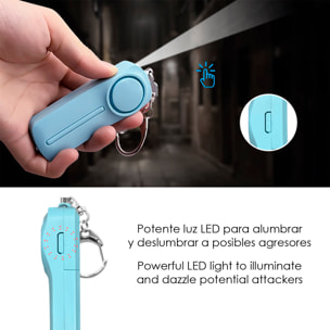 Allarme SOS personale con luce LED brillante e suono di 130dB. 2 batterie AAA incluse e attivazione rapida tirando l'anello.