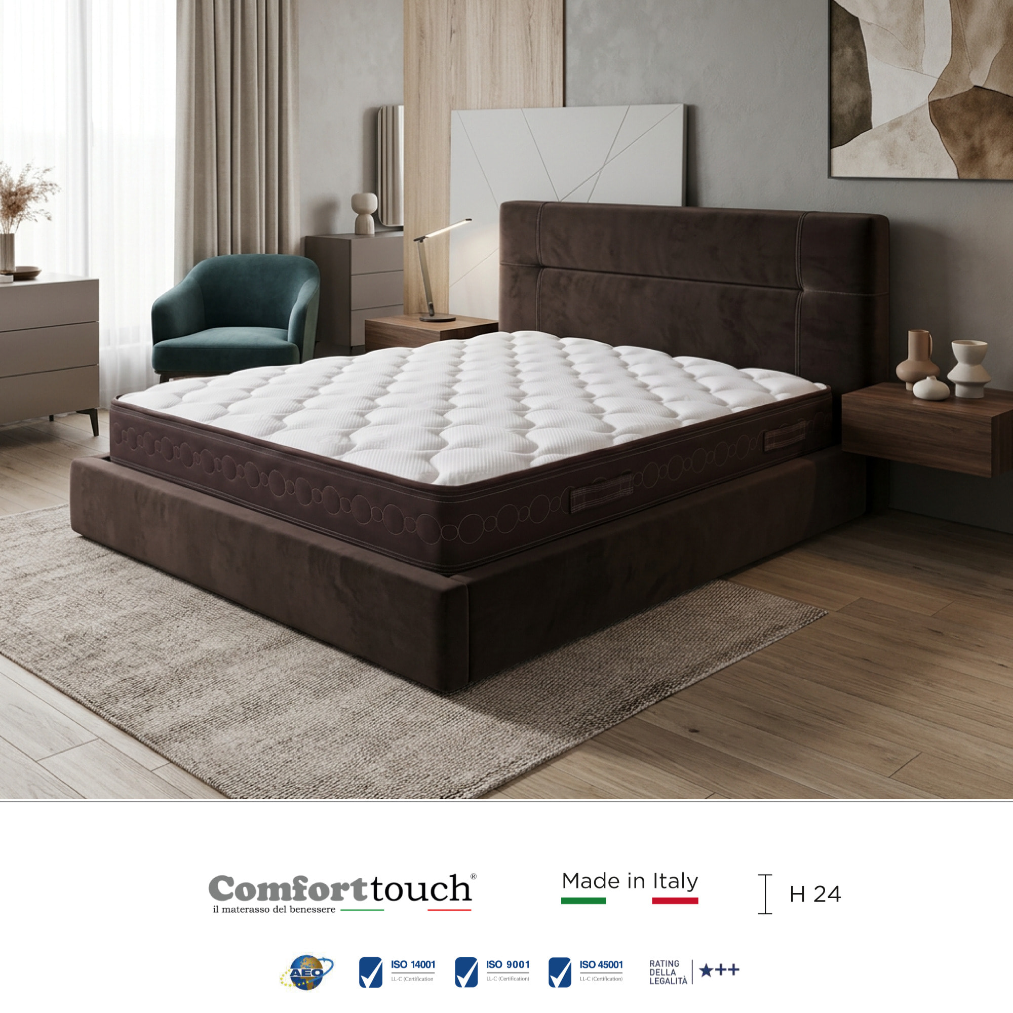 "Sienna" H24 cm 120x190 guanciale Memory OMAGGIO, a molle insacchettate indipendenti ,7 zone a portanza differenziata arrotolato
