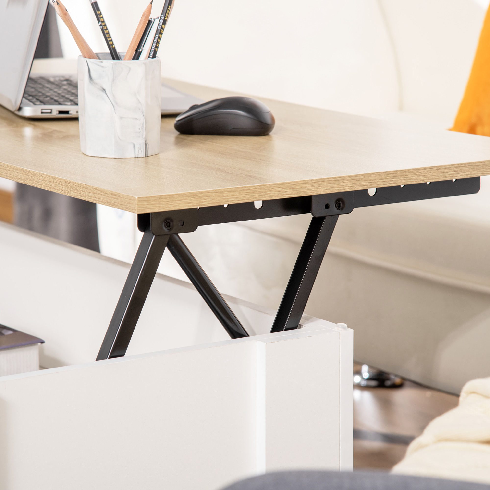 Mesa de Centro Elevable Mesa de Café con Encimera Elevable Espacio Oculto de Almacenaje 100x50x45-58,5 cm Blanco y Natural