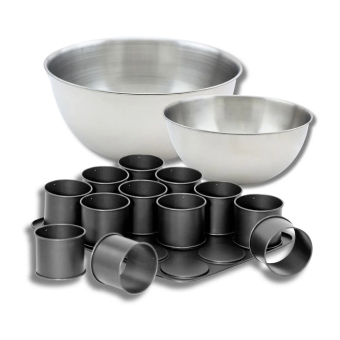 Set avec 1 Plaque pâtisserie avec 12 mini moules ronds, 1 spatule Zenker et 2 bols à mixer en inox Fackelmann