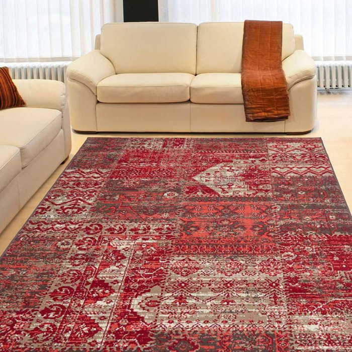 Tapis Ladi aux motifs patchwork rouge et beige
