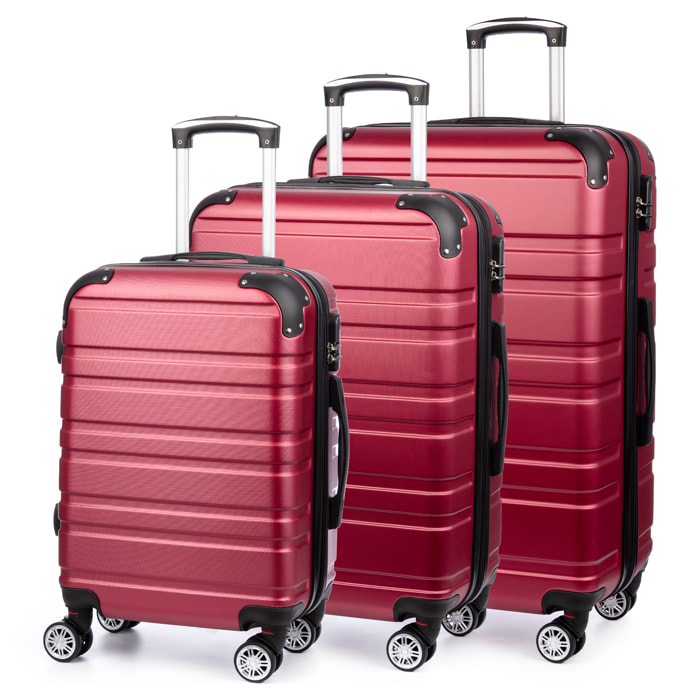 Juego de 3 maletas Trolley extensibles, en material ligero ABS de alta resistencia. Cerradura numérica, 4 ruedas dobles giratorias 360°.
