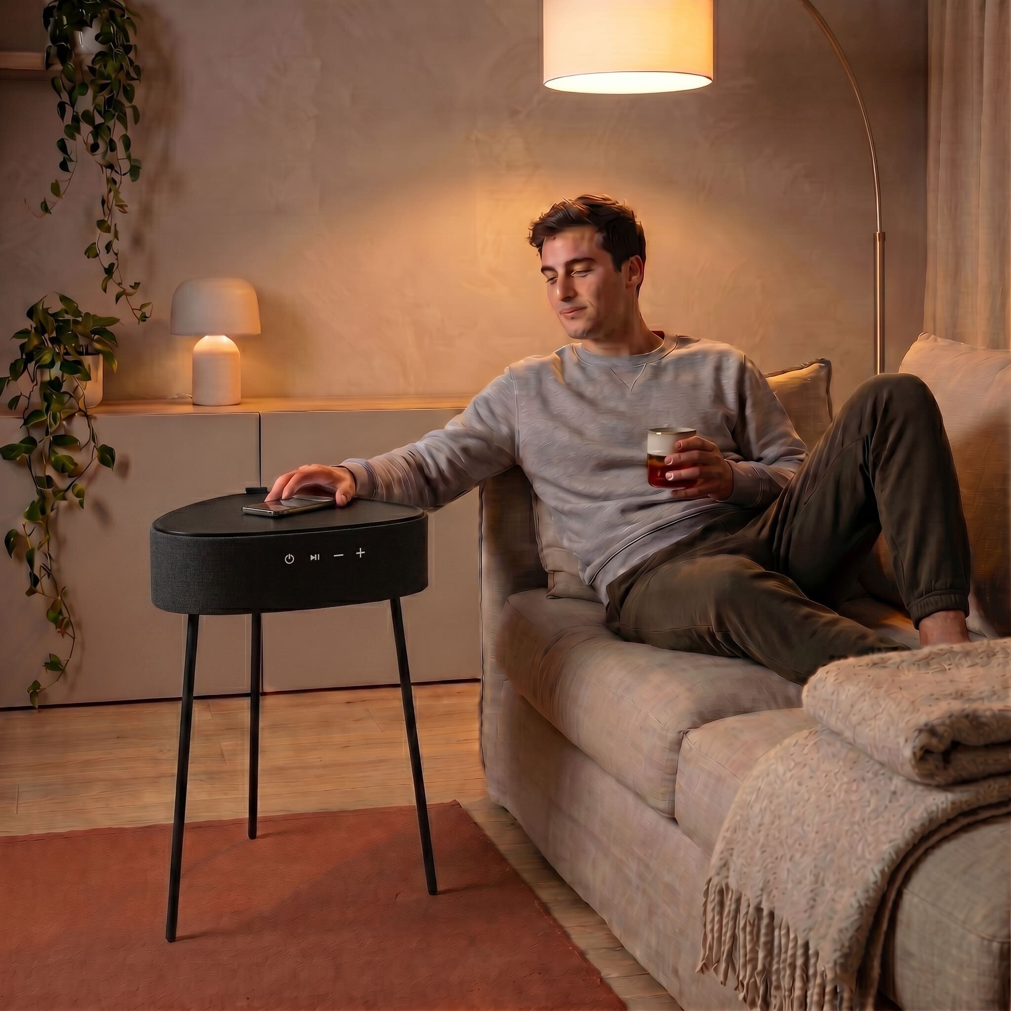 Mesa auxiliar altavoz portátil con sonido de 20W, Bluetooth, Base de carga inalámbrica, batería de 2500mAh. Mesilla o mesita para dormitorio o sala de estar - TD Systems SM20B11PGO [Gris oscuro]