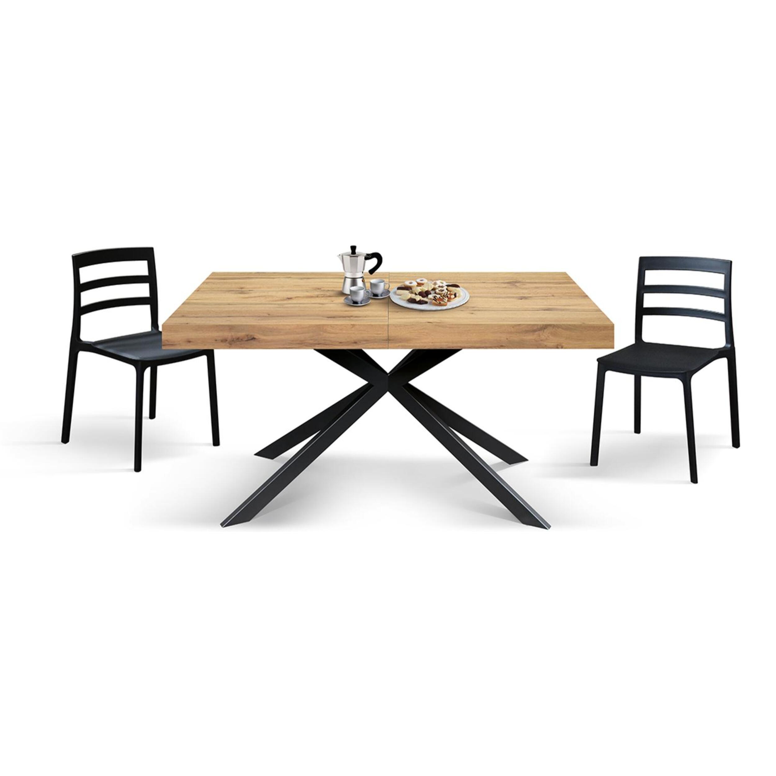 Tavolo CAMAIORE in legno, finitura rovere rustico e base a X in metallo antracite, allungabile 180×90 cm – 260×90 cm