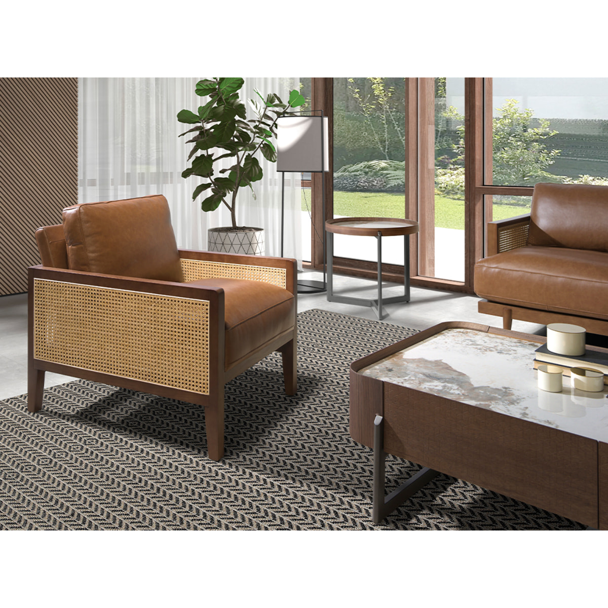 Mesa rincón redonda de madera chapada en nogal natural y tapa de mármol porcelánico blanco con vetas en tonos tierra en brillo 62x62x56cm