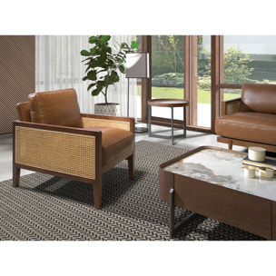 Mesa rincón redonda de madera chapada en nogal natural y tapa de mármol porcelánico blanco con vetas en tonos tierra en brillo 62x62x56cm