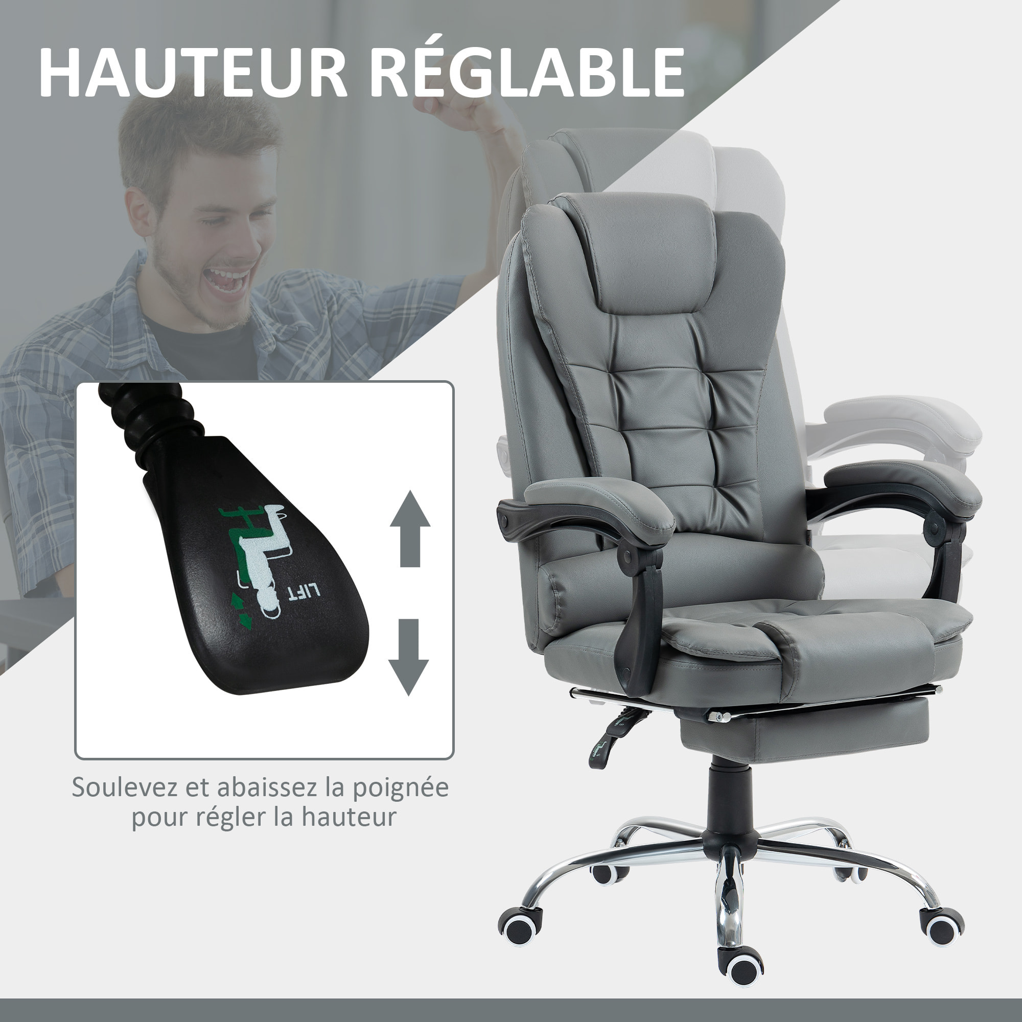 Fauteuil de bureau fauteuil manager grand confort réglable dossier inclinable repose-pied revêtement synthétique gris