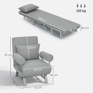 Fauteuil chauffeuse convertible inclinable coussin lombaires accoudoirs piètement métal lin gris clair