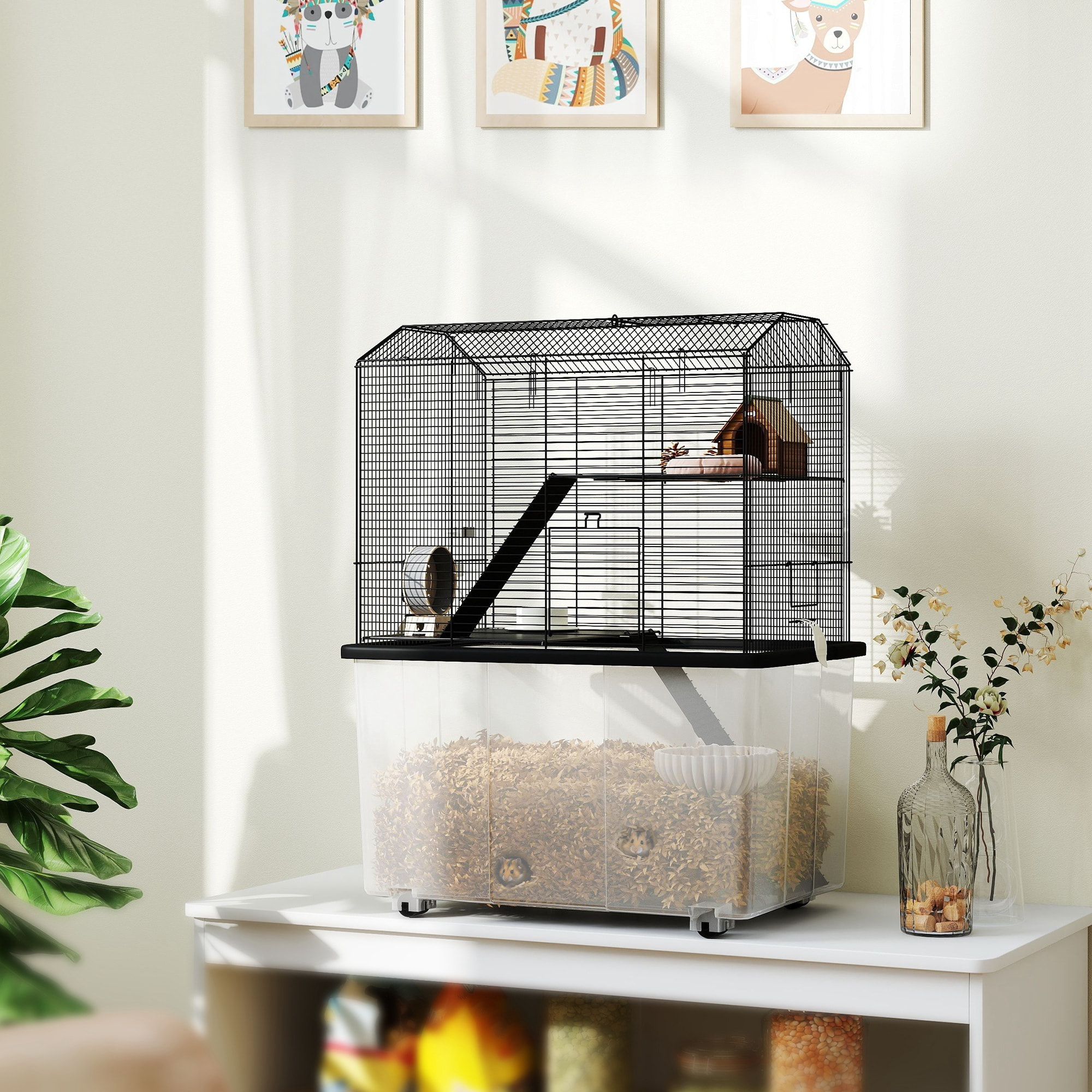 Cage rongeur hamster 3 étages - roulettes, plateforme, échelle, accessoires - PP transparent acier noir