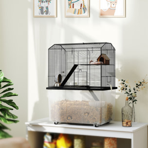 Cage rongeur hamster 3 étages - roulettes, plateforme, échelle, accessoires - PP transparent acier noir