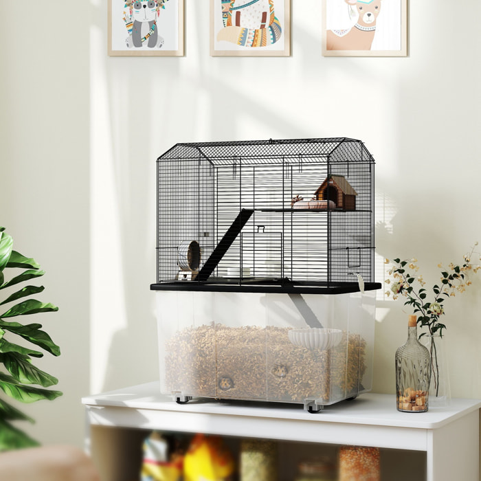Cage rongeur hamster 3 étages - roulettes, plateforme, échelle, accessoires - PP transparent acier noir