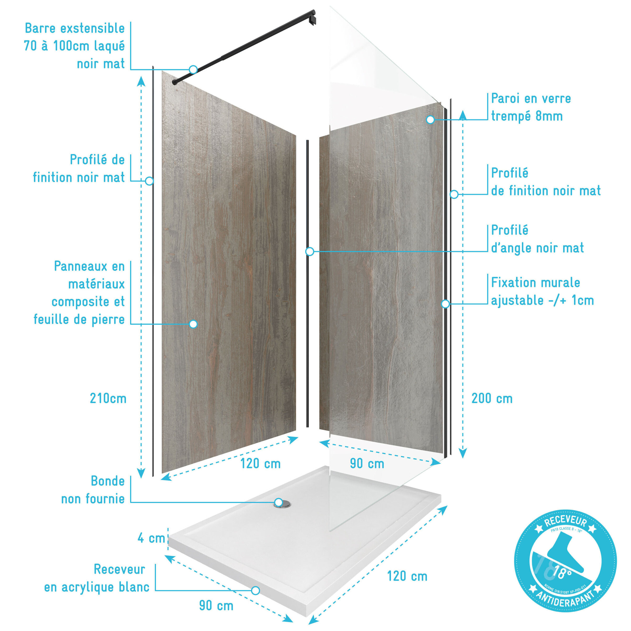 Pack Panneau muraux 120x210 + paroi 120x210 + receveur 90x120 + barre de fixation noir mat 70/100cm