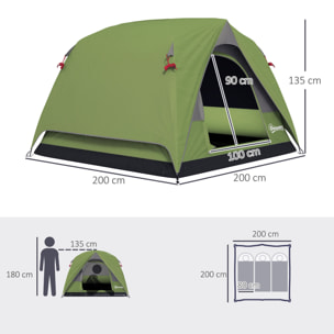 Tente de camping 2-3 personnes fenêtres, poche, sac de transport et crochet imperméabilité 3000 mm vert olive