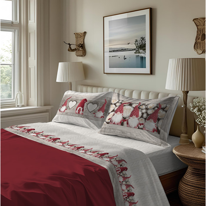 Completo letto in flanella gnomi rosso