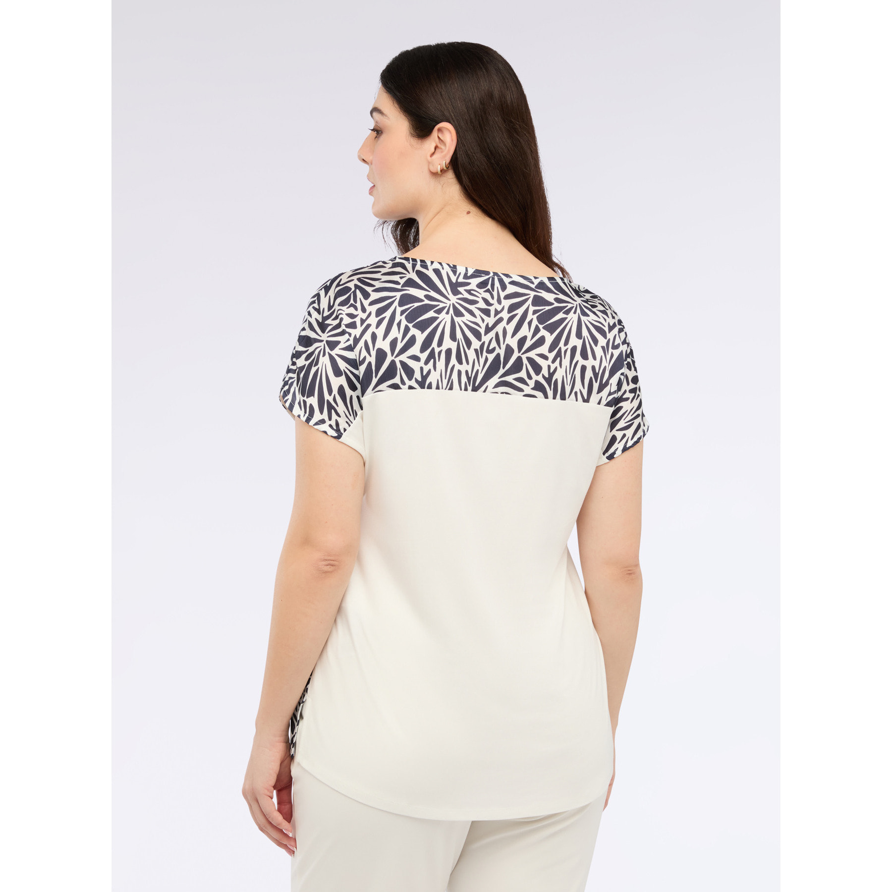 Fiorella Rubino - T-shirt bimaterica con stampa floliage - Blu