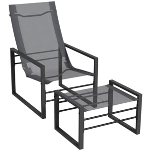 Ensemble fauteuil relax de jardin avec repose-pied métal noir tissu mesh gris