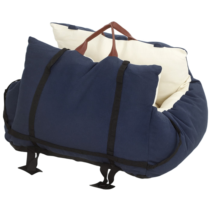 Siège auto sac de transport chien 2 en 1 - réglable - coussin déhoussable - coton bleu écru