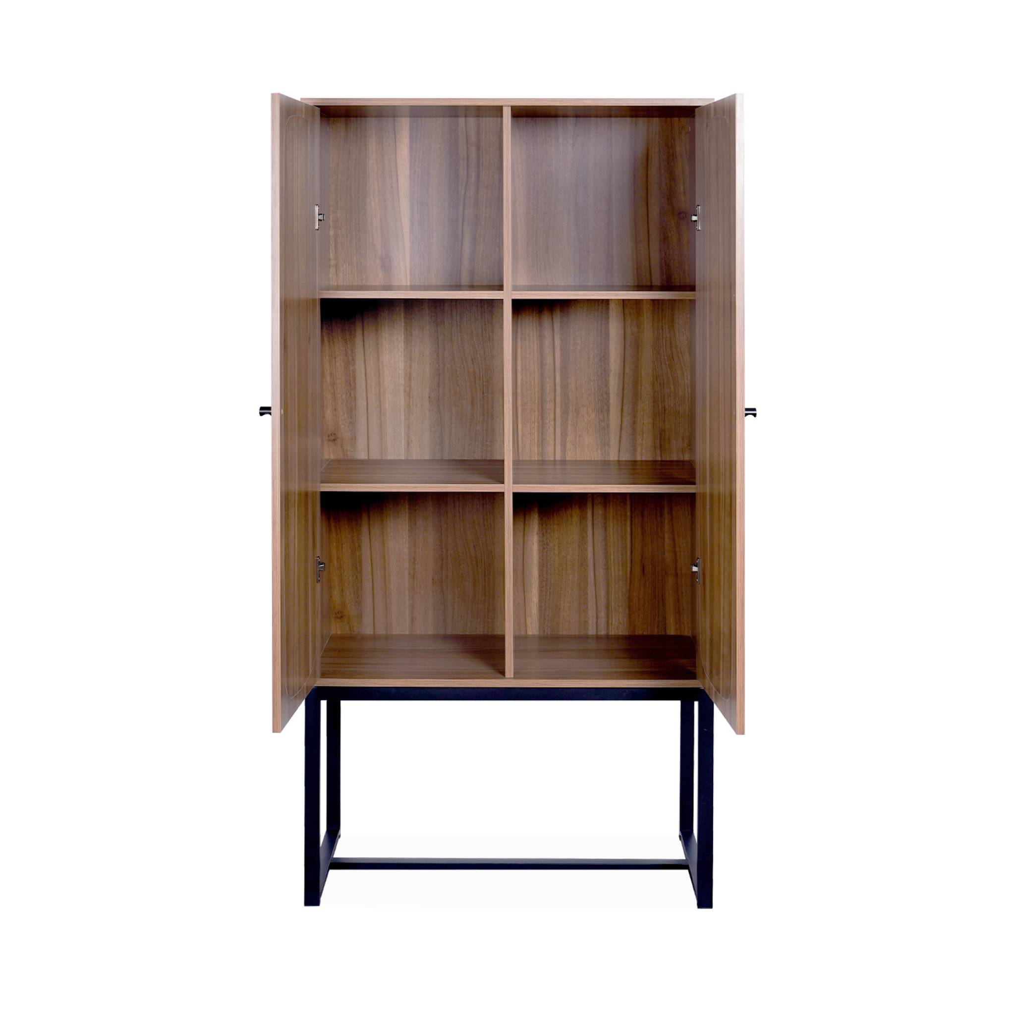 Buffet rétro décor bois foncé et cannage 2 portes avec pieds en métal noir H165cm