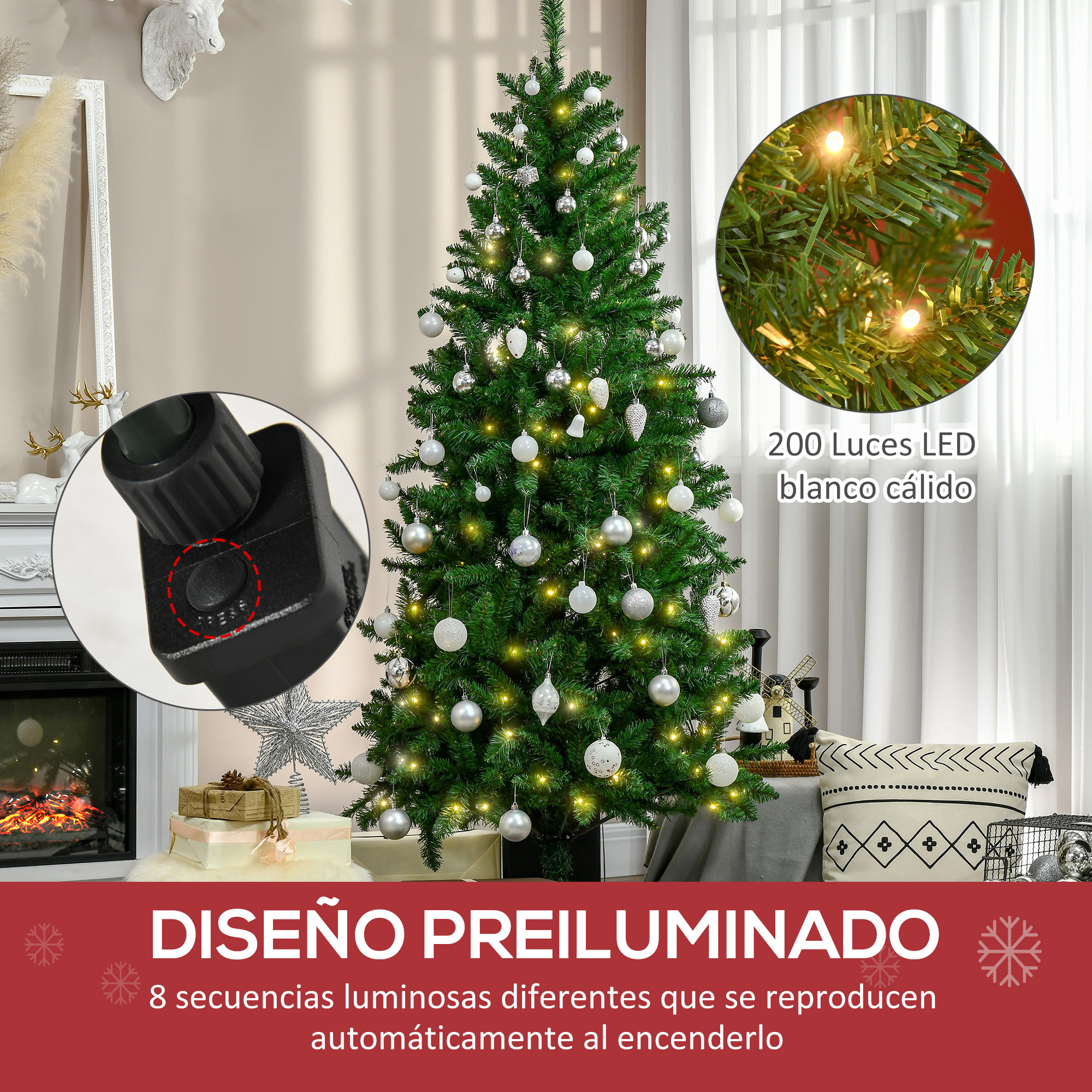 Árbol de Navidad Artificial Altura 180 cm Ignífugo con 714 Ramas 200 Luces LED