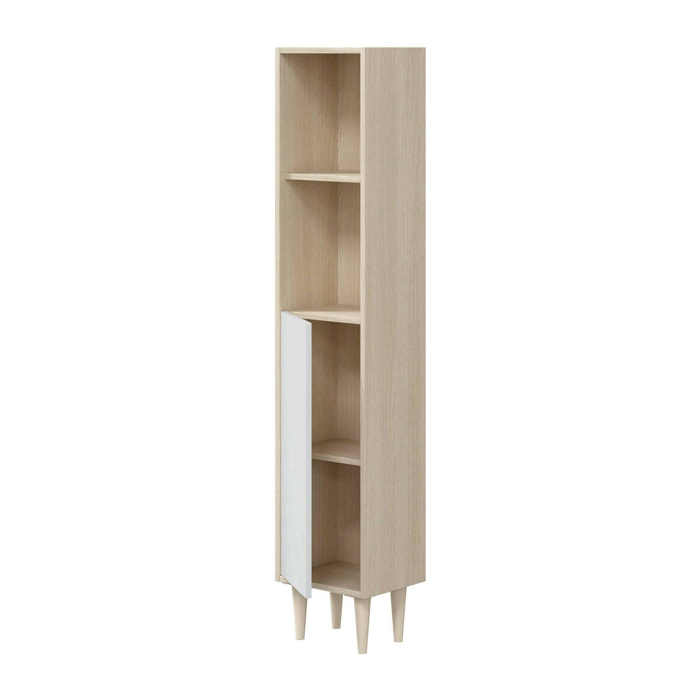 Mobile colonna Lazzarina, Pensile bagno con 1 anta, Armadio alto, 30x25h150 cm, Rovere e Bianco lucido