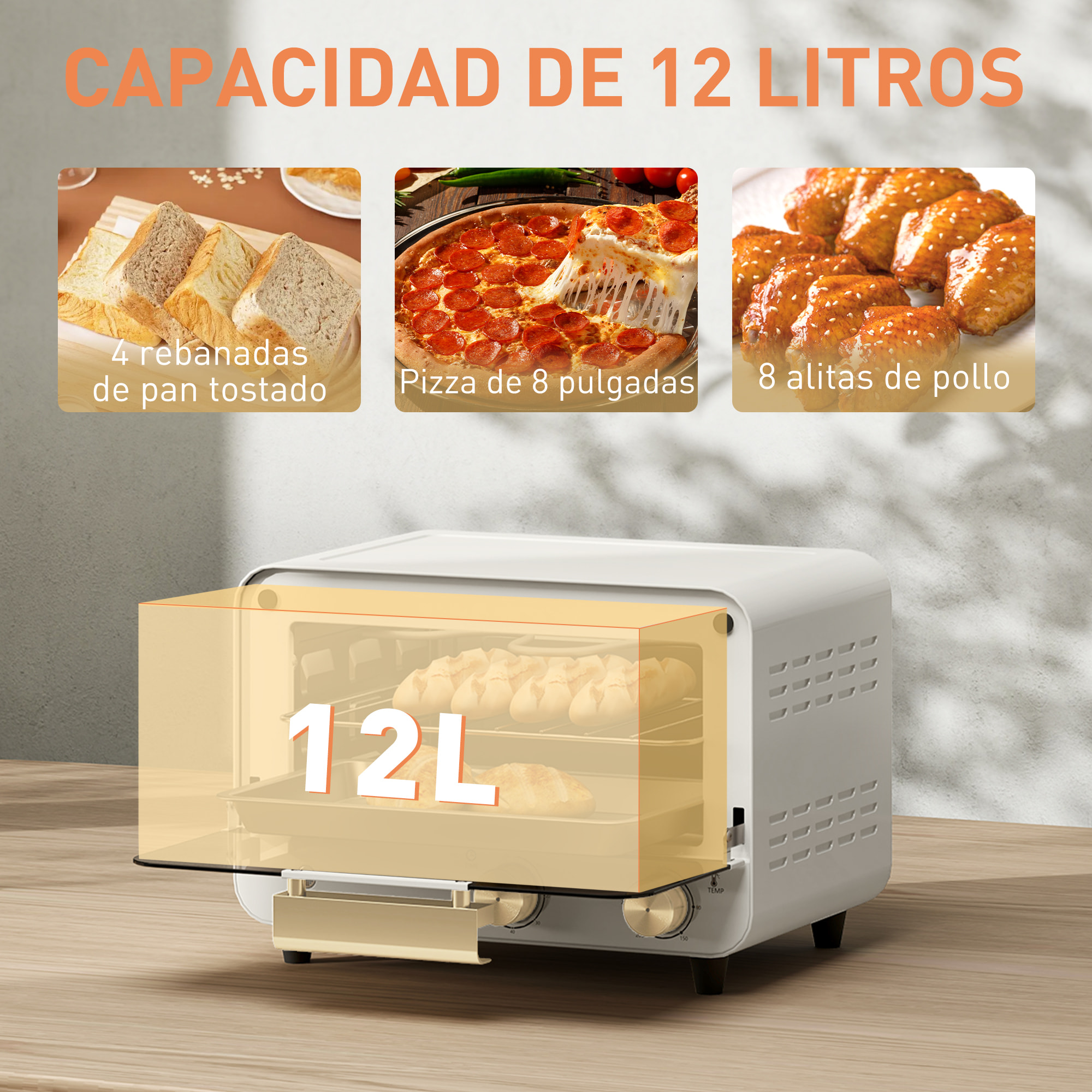 Horno Eléctrico de Sobremesa Horno Sobremesa de 12L 750W Horno Eléctrico con Puerta de Vidrio Temporizador y Temperatura Ajustables hasta 230℃ Blanco