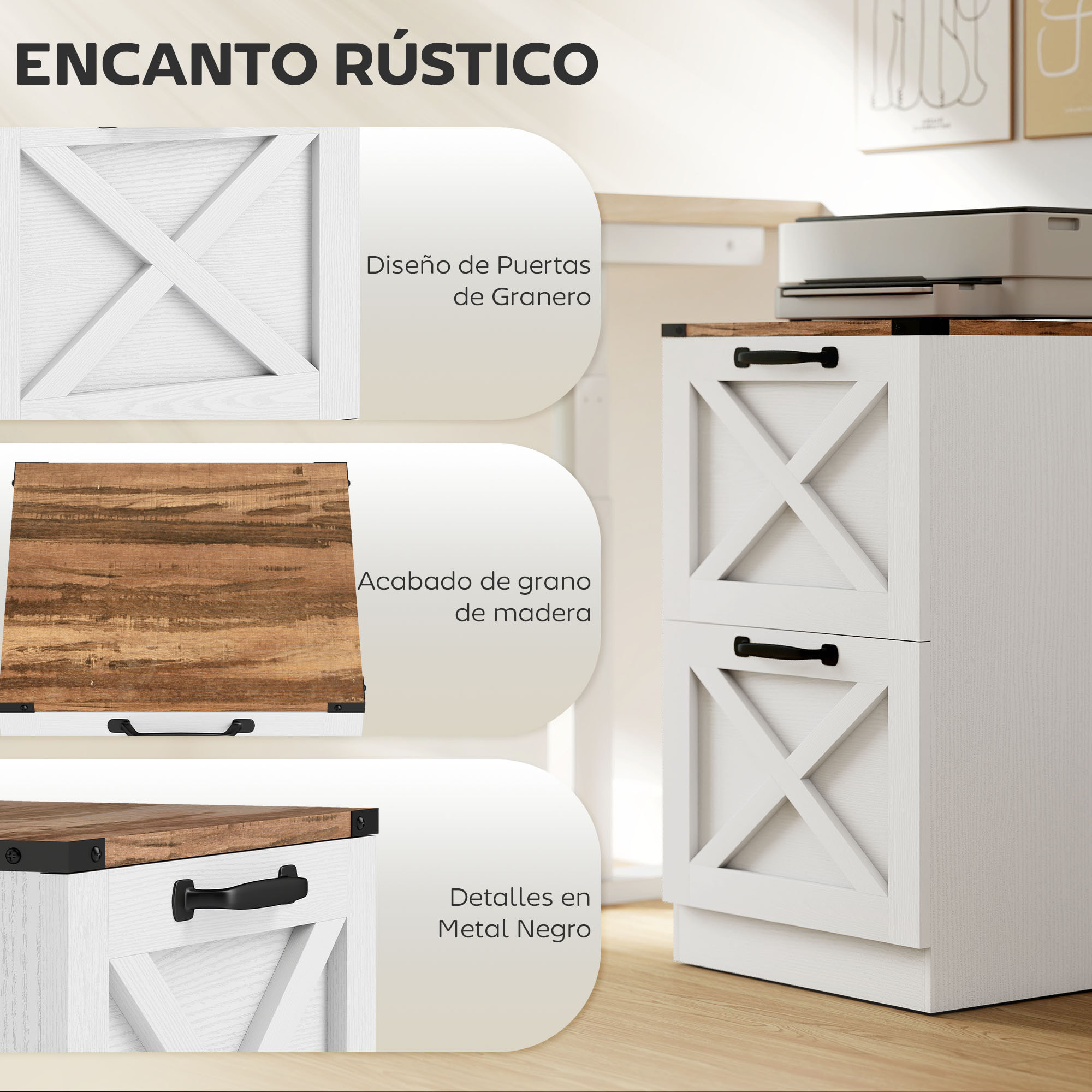 Cajonera Escritorio con 2 Cajones, Cajonera de Oficina, Mueble Archivador, Soporte para Impresora, con Riel Colgante para A4 y Carta, 40x40x71 cm, Blanco