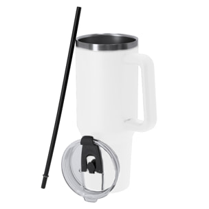Caraffa termica da 1,2 L in acciaio inossidabile riciclato. Dispone di un doppio sistema di bere: foro con chiusura ermetica e cannuccia integrata. Senza BPA.