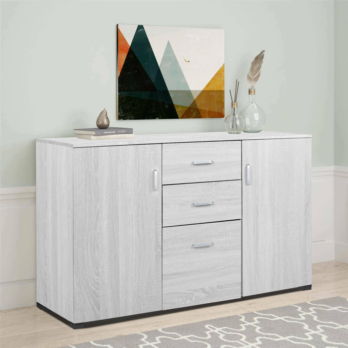 Credenza moderna a 3 ante e 2 cassetti, Buffet da cucina, Madia con scaffali e ripiani, Made in Italy, Mobile moderno, cm 120x40h83, colore Cemento