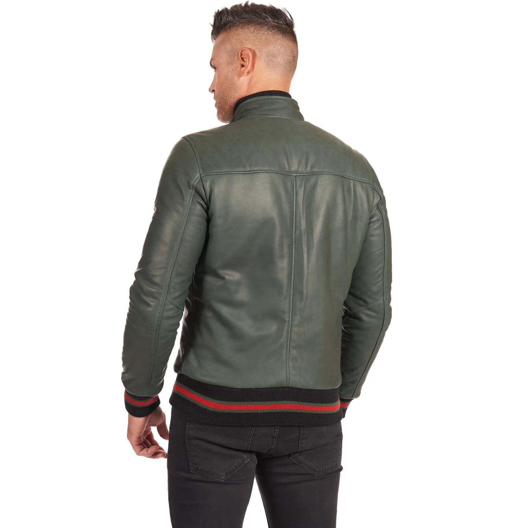 Giubbotto Bomber in pelle naturale verde effetto vintage